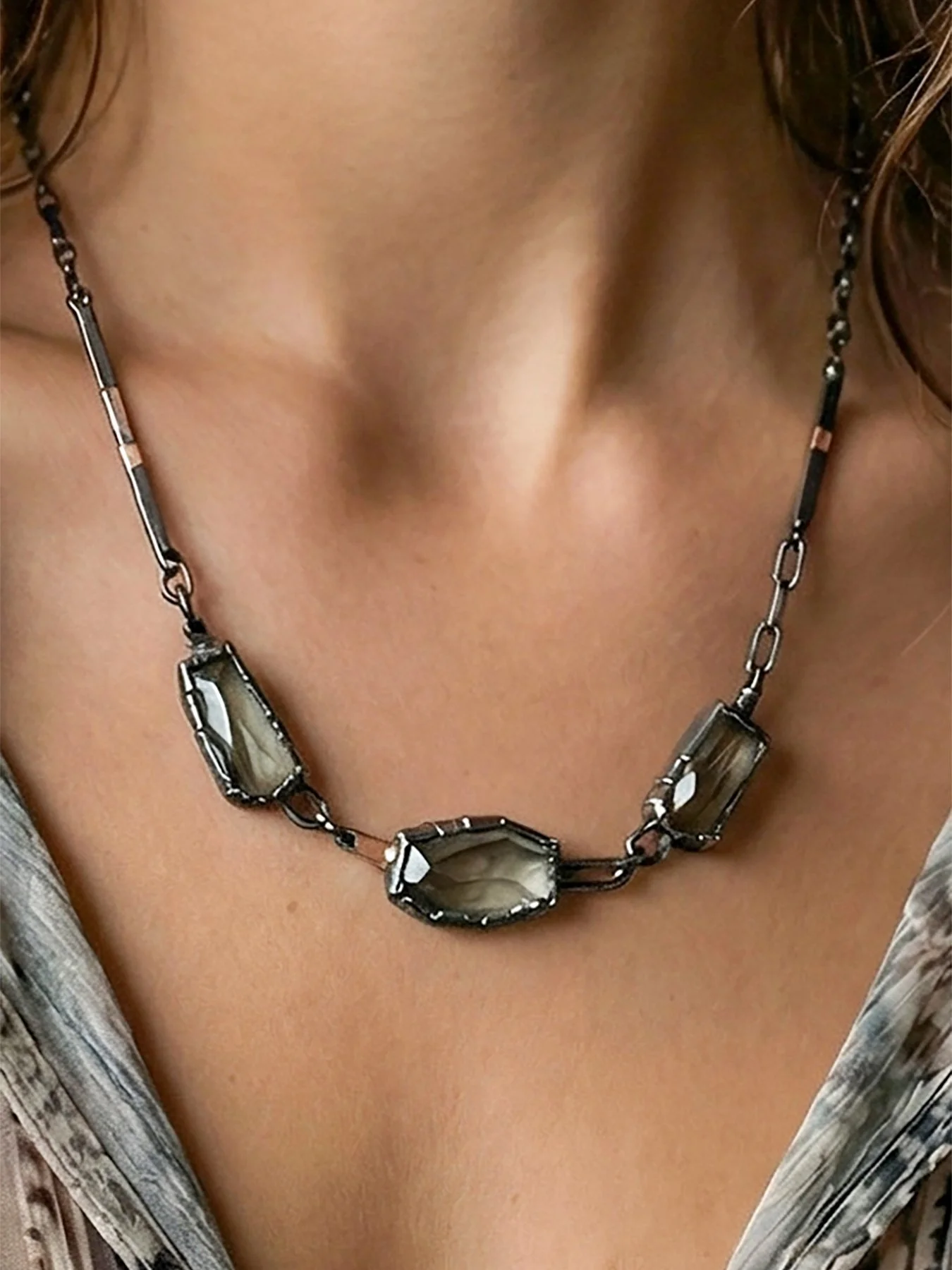 Three Freeform Faceted Green Amethyst Link Necklace on model.jpg