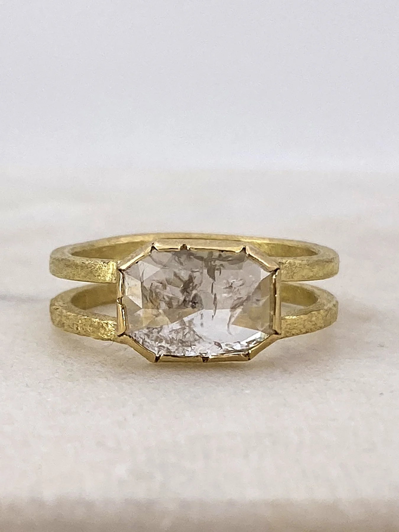 Fancy Cut Rectangle Diamond on a Double Band Textured Round Ring 1.jpg