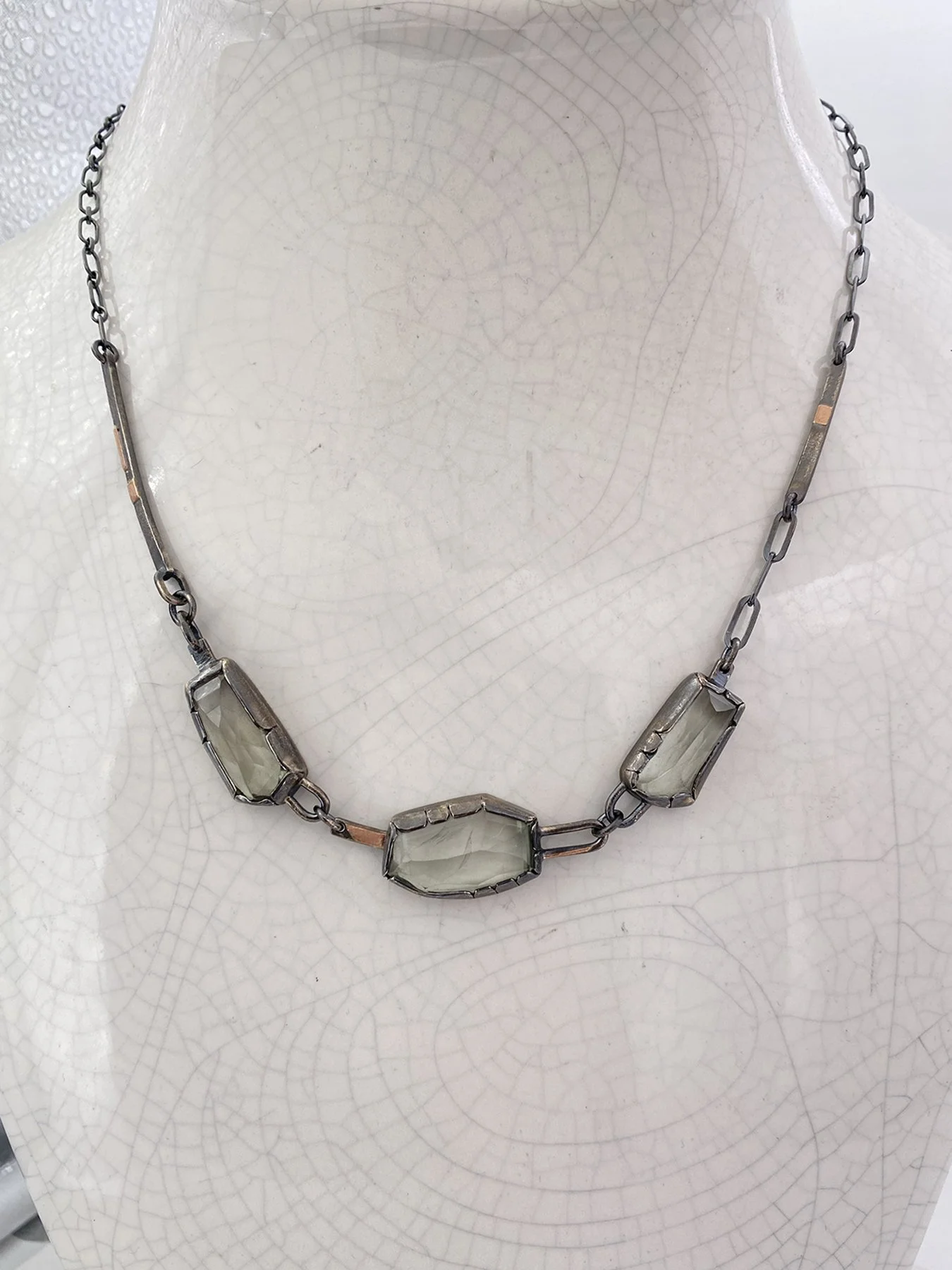 Three Freeform Faceted Green Amethyst Link Necklace on neck 1.jpg