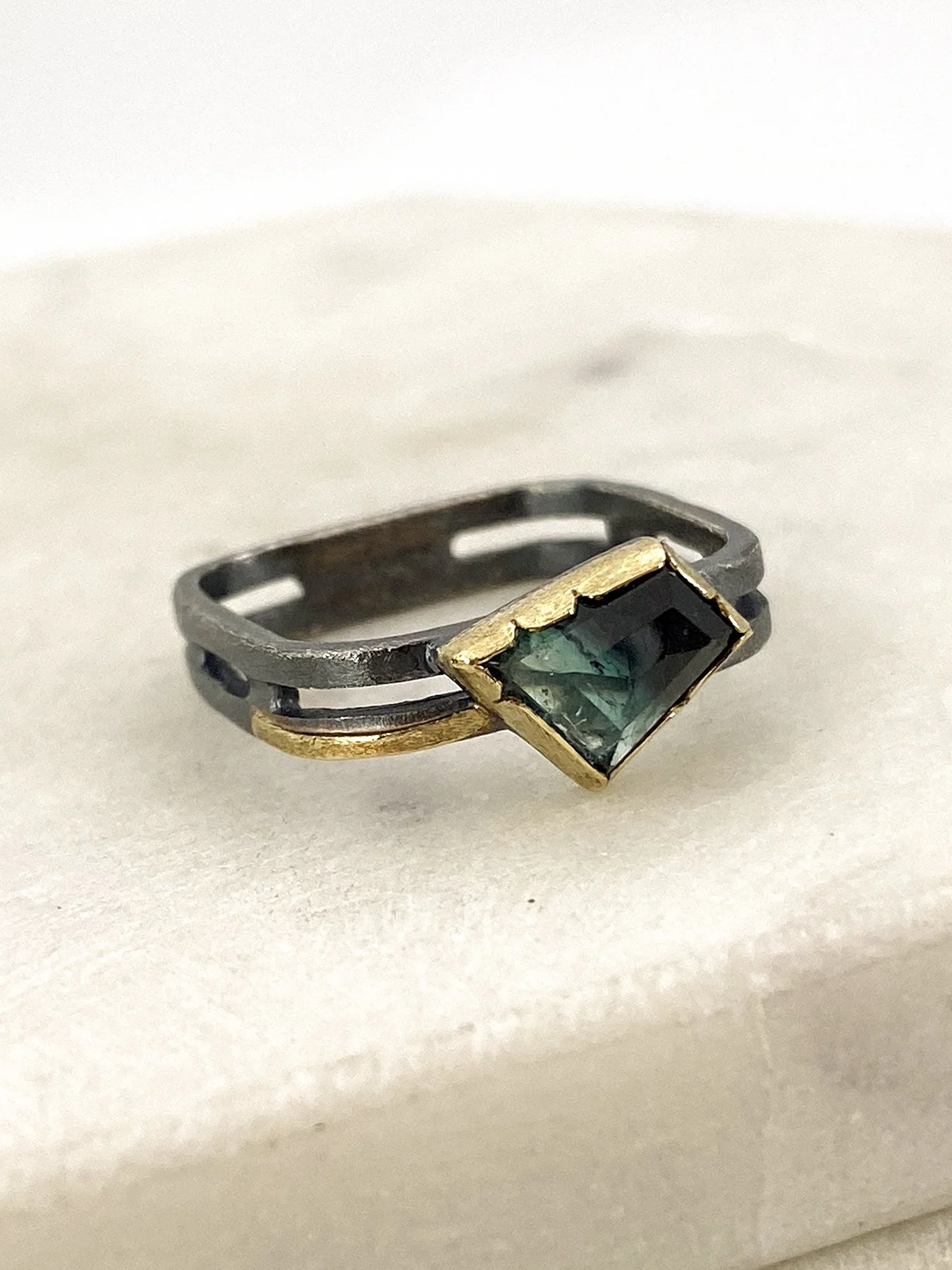 Bi-Colour Tourmaline on a Double Band Square Ring 2.jpg
