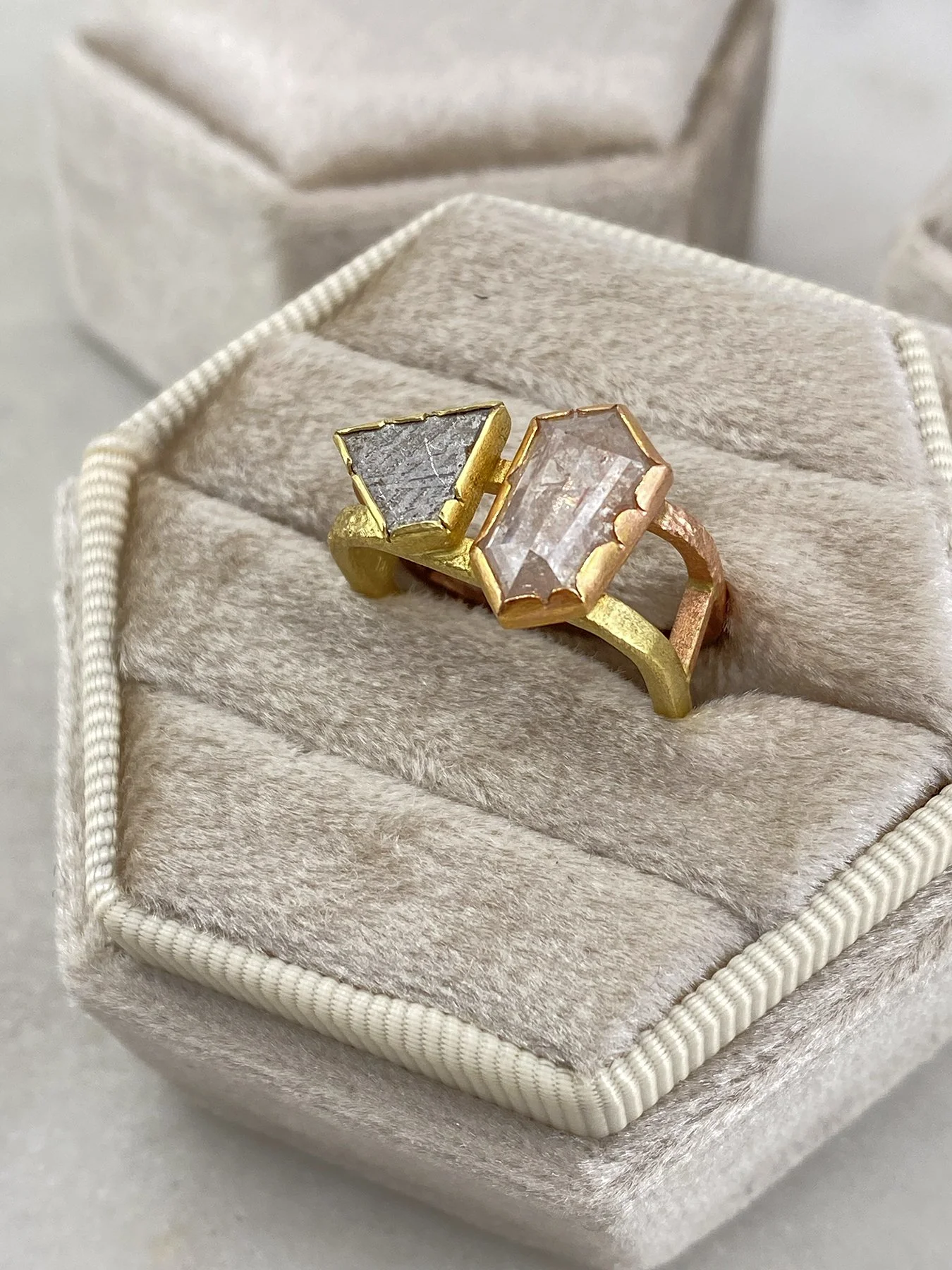 Tapered Hexagon Diamond and Meteorite on a Double Angled Square Band in Mixed Golds