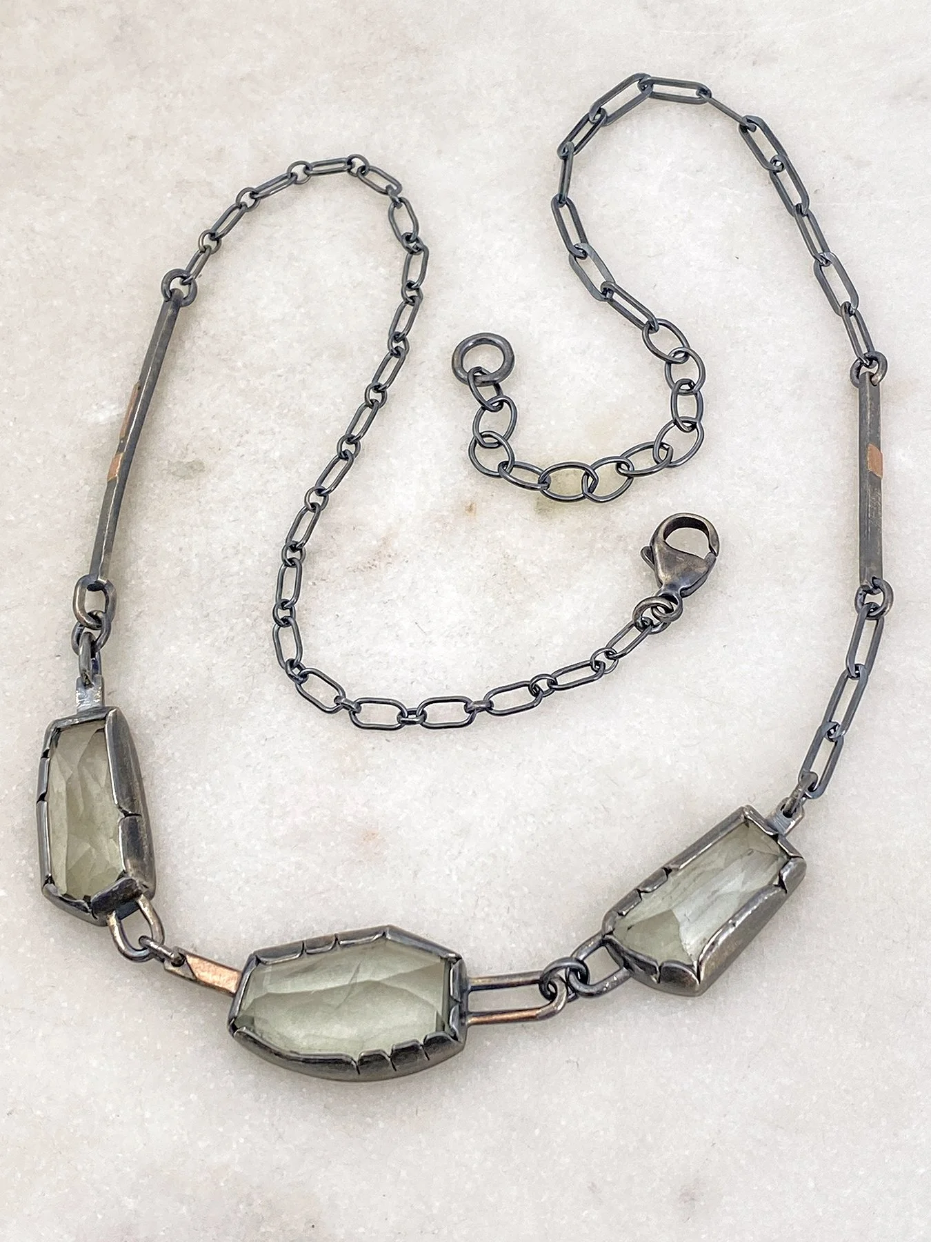 Three Freeform Faceted Green Amethyst Link Necklace 2.jpg
