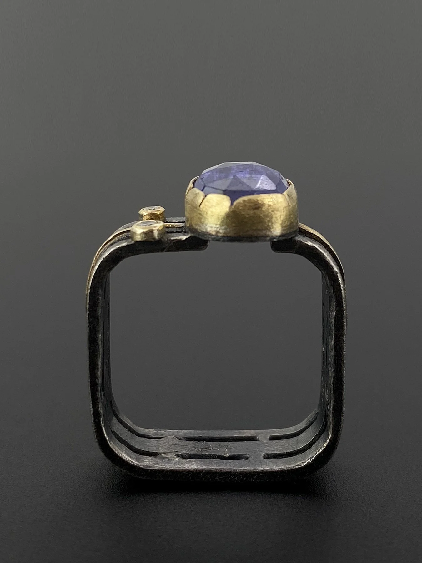 Tanzanite and Diamonds on a Triple Band Square Ring 3.jpg