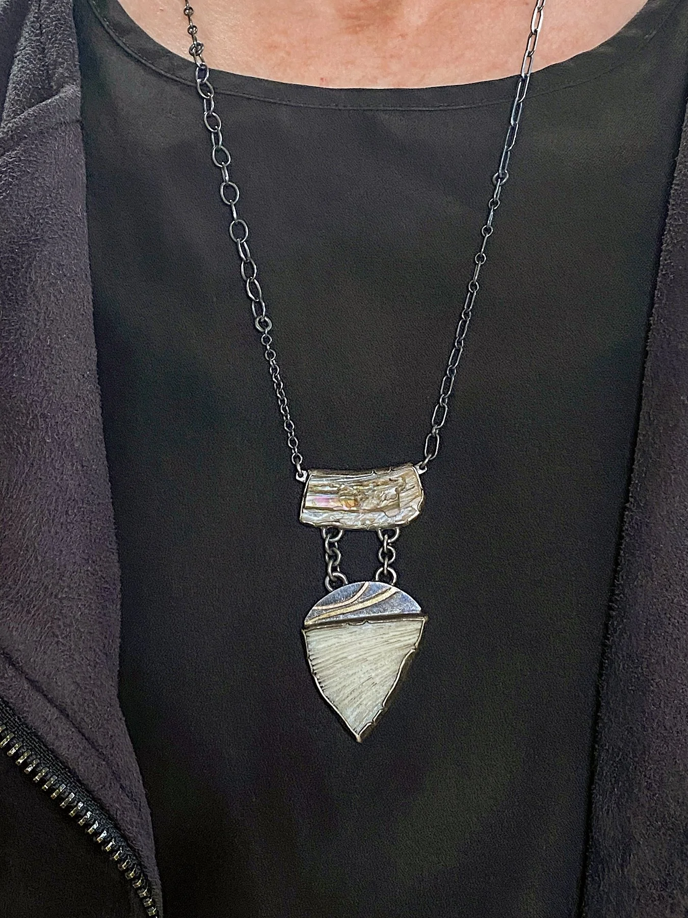 Abalone Linked Triangle Coral Pendant on.jpg