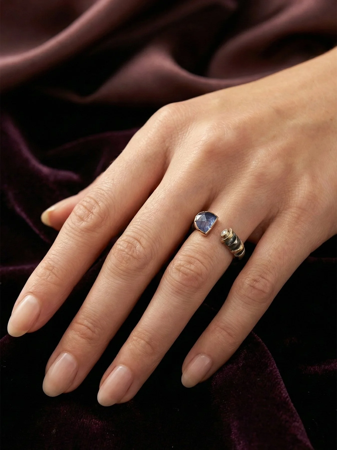 Tanzanite and Rose Cut Diamond Cut Ring on hand 1.jpg