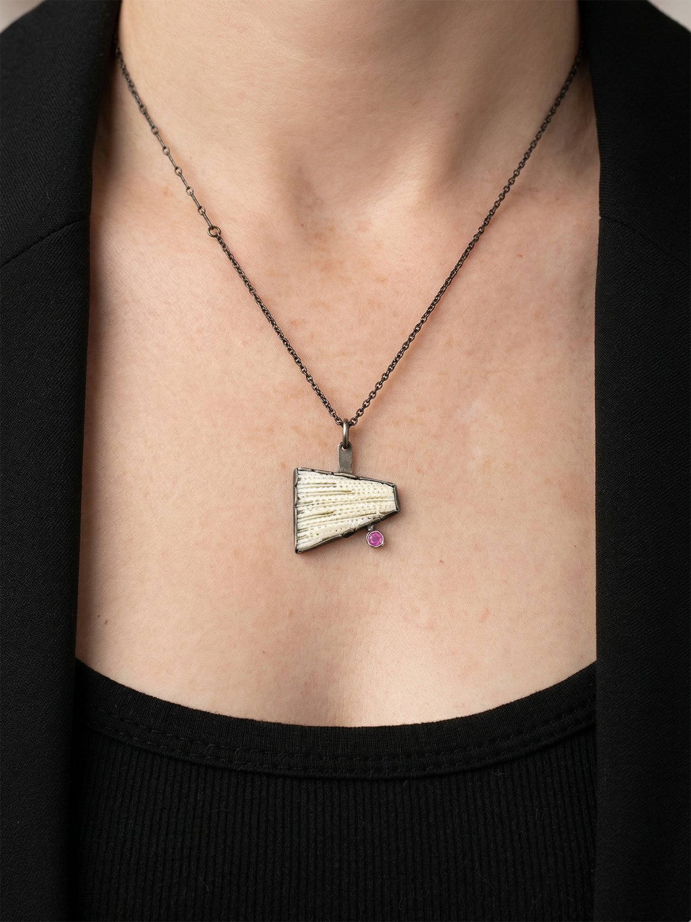 Trapezoid Coral Pendant with Ruby