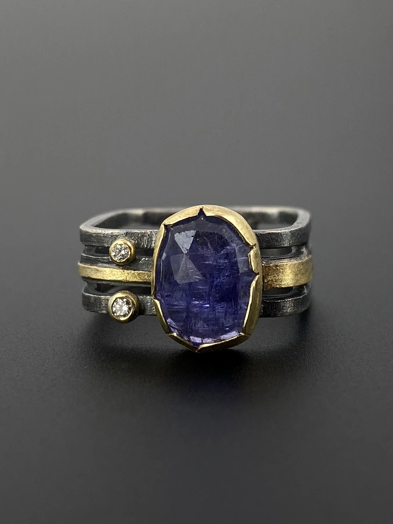 Tanzanite and Diamonds on a Triple Band Square Ring 2.jpg