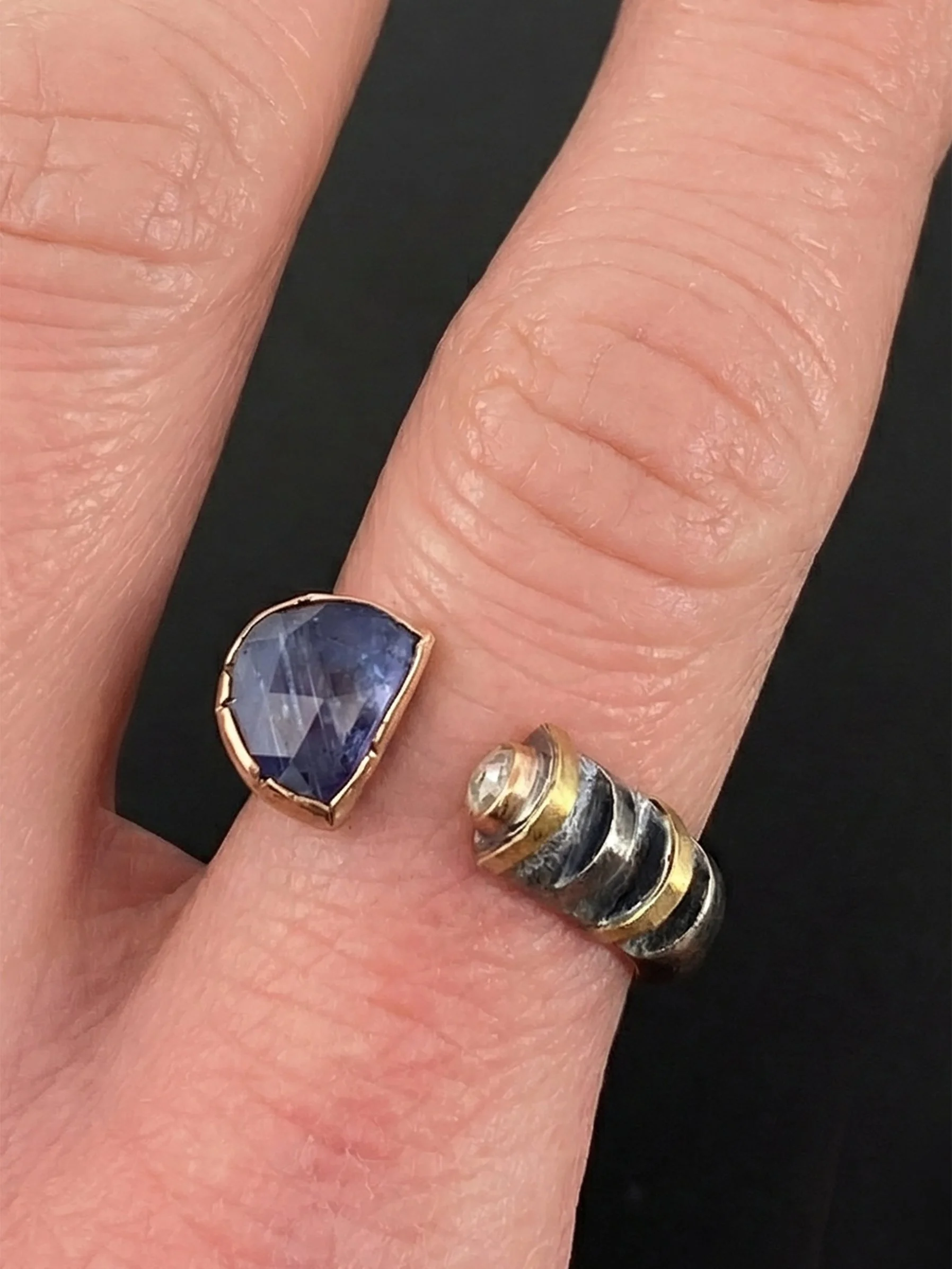 Tanzanite and Rose Cut Diamond Cut RIng on hand4.jpg