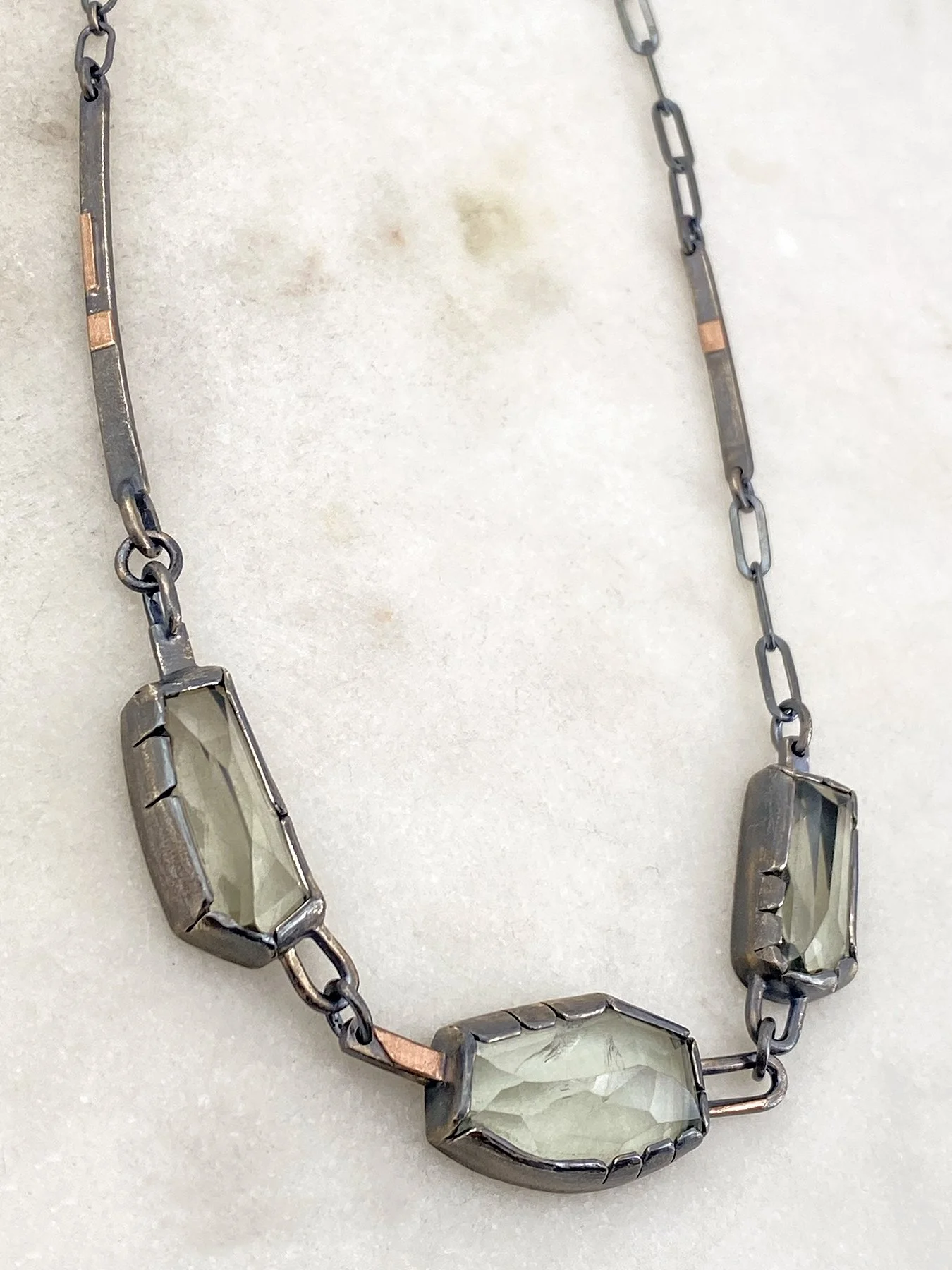 Three Freeform Faceted Green Amethyst Link Necklace 3.jpg