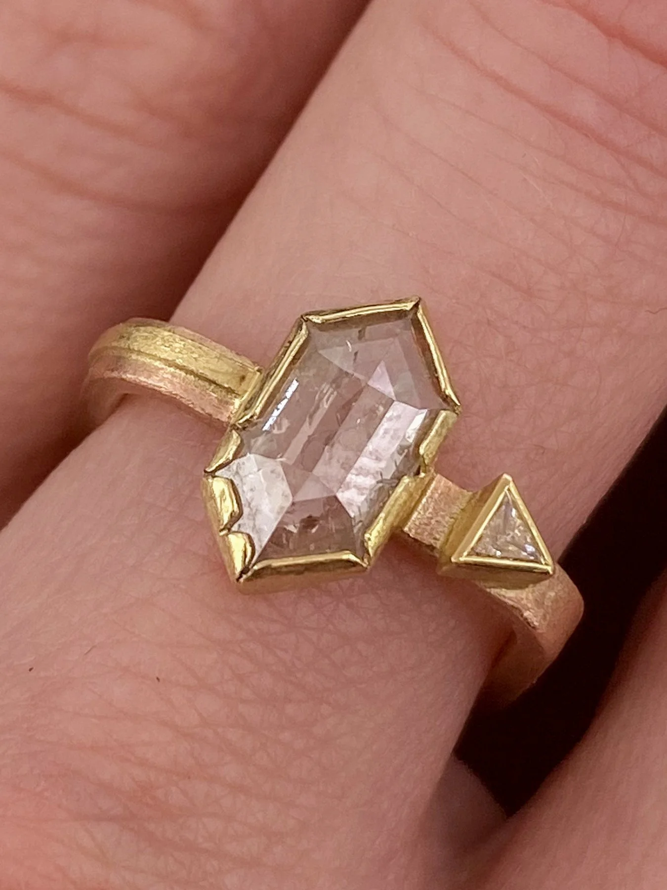 Trapezoid Rose Cut Diamond and Triangle Diamond on a Rose Gold Square Band on.jpg