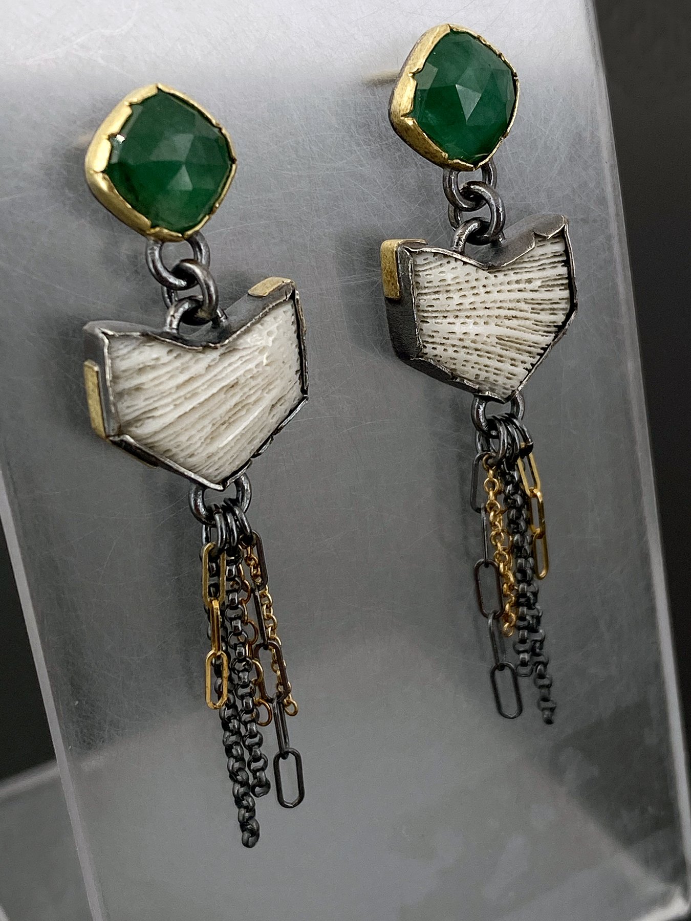 Emerald and Coral with Chain Fringe Post Earrings 3.jpg