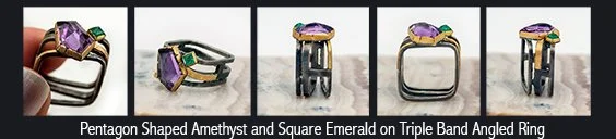 amethyst and emerald ring in multiple views