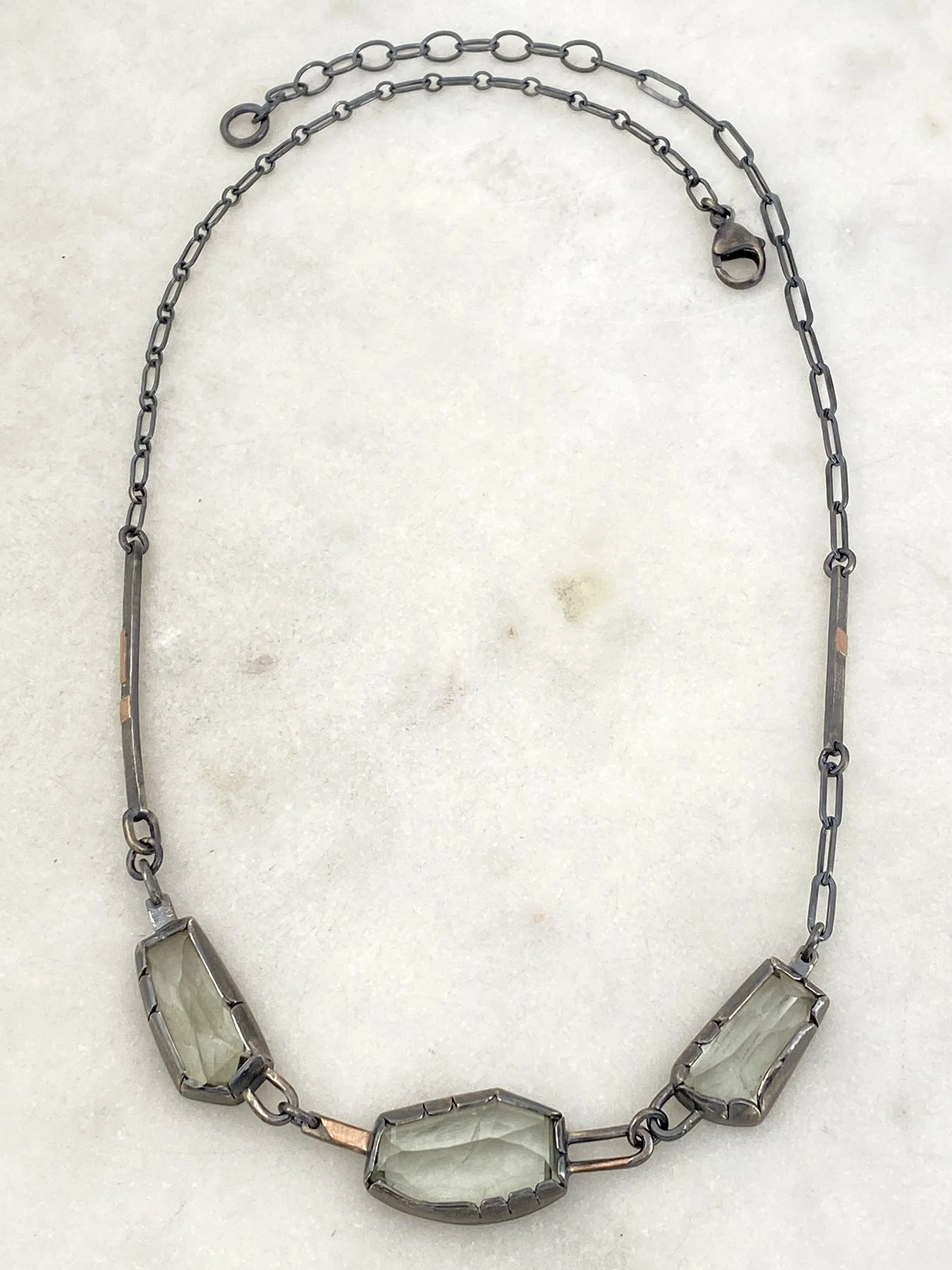 Three Freeform Faceted Green Amethyst Link Necklace 1.jpg
