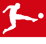 White silhouette of a soccer player kicking a ball on a red background with the word 'BUNDESLIGA' below.