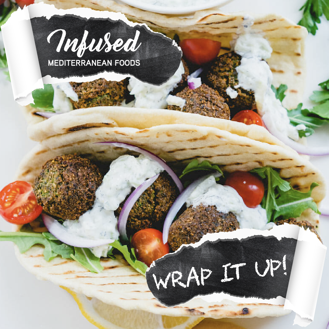 Close-up of Mediterranean falafel pita sandwiches with falafel balls, cherry tomatoes, cucumber, lettuce, onions, and creamy sauce in toasted pita bread, with text overlay reading "Infused Mediterranean Foods" and "Wrap it up!"