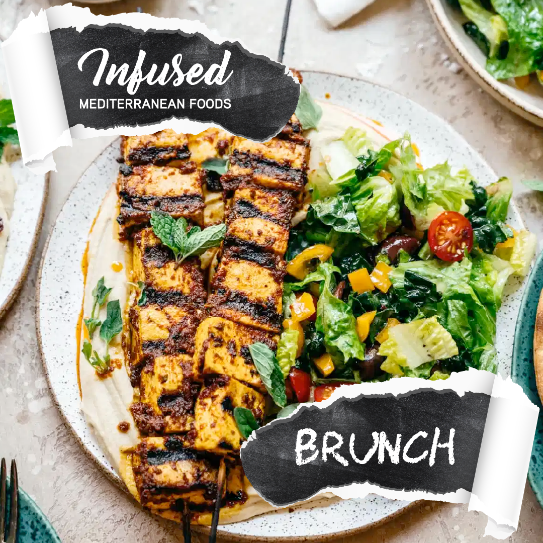 A plate of food featuring grilled tofu with dark grill marks, served with a side of fresh salad that includes lettuce, cherry tomatoes, and yellow bell peppers. The image has text overlays saying 'Infused Mediterranean Foods' and 'Brunch'.