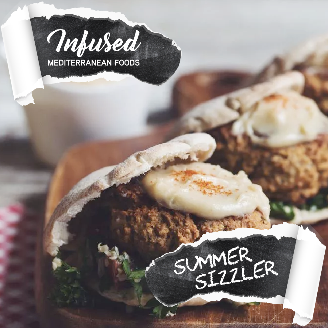 Close-up of a Mediterranean sandwich featuring seasoned meat, creamy sauce, and greens inside a flatbread, with a blurred background and black labels reading 'Infused Mediterranean Foods' and 'Summer Sizzler'.