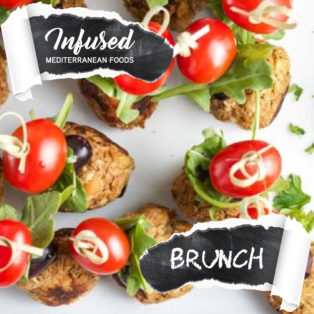 Close-up of Mediterranean style aperitif bites with cherry tomatoes, black olives, lettuce, and toasted bread slices. Text overlays say 'Infused' and 'Brunch'.
