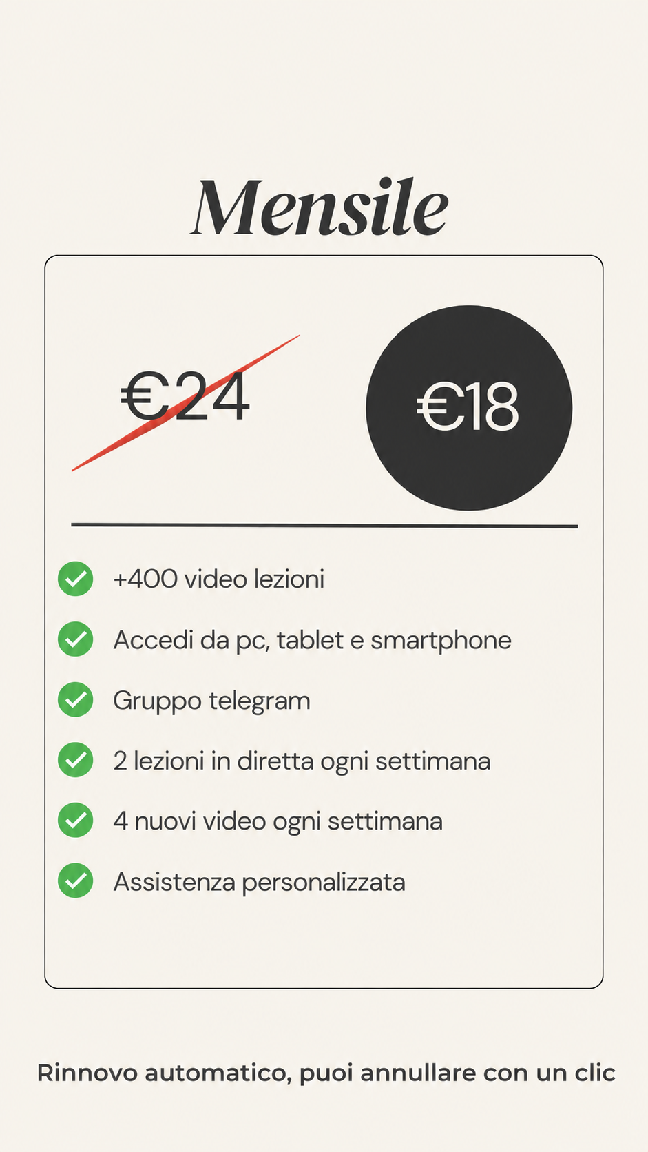 Abbonamento mensile CaYoga: 18 € sul primo pagamento invece di 24 €, con il 25% di sconto.