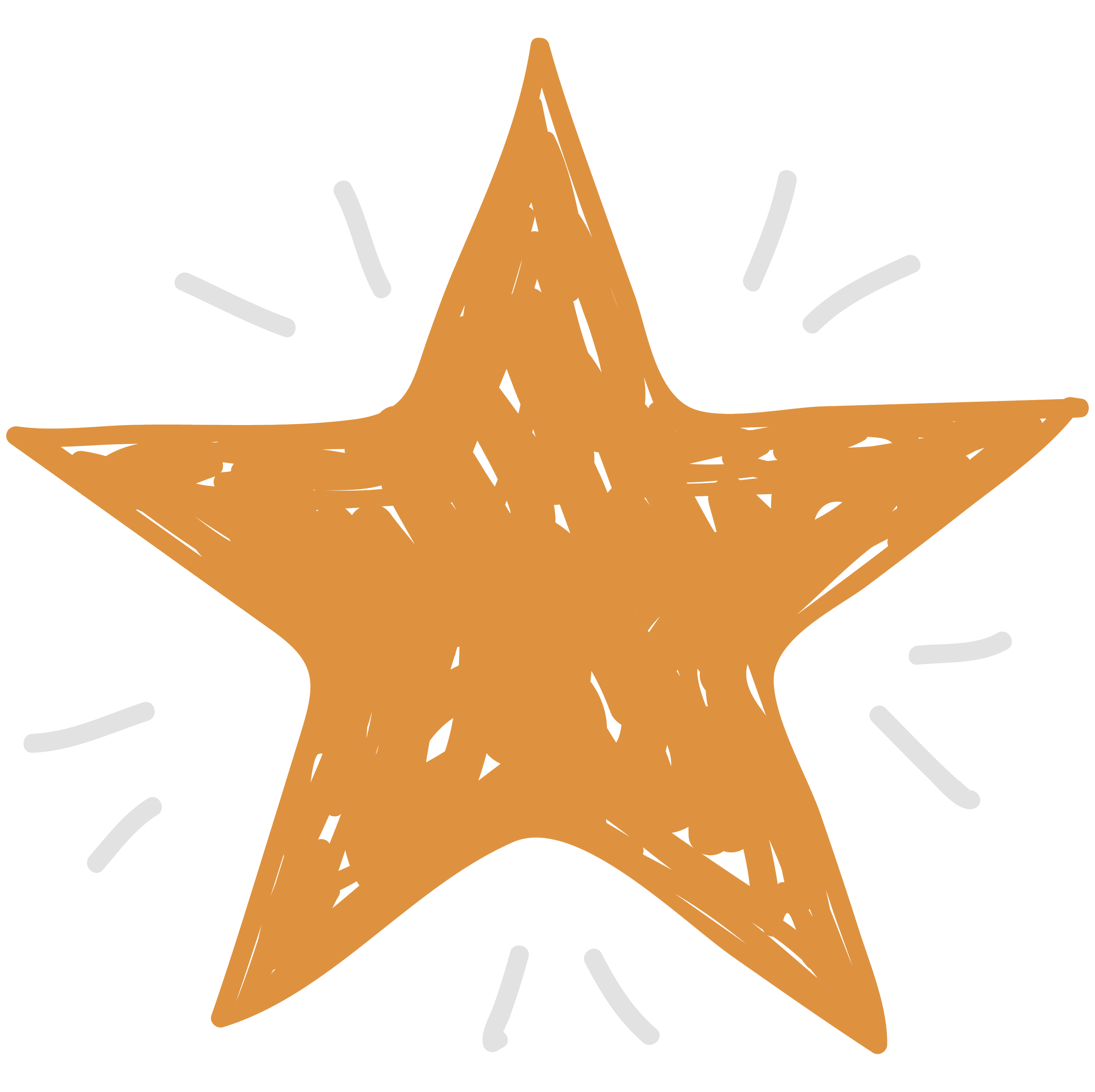 Hand-drawn orange star with sketchy lines and decorative white lines around it on a transparent background.