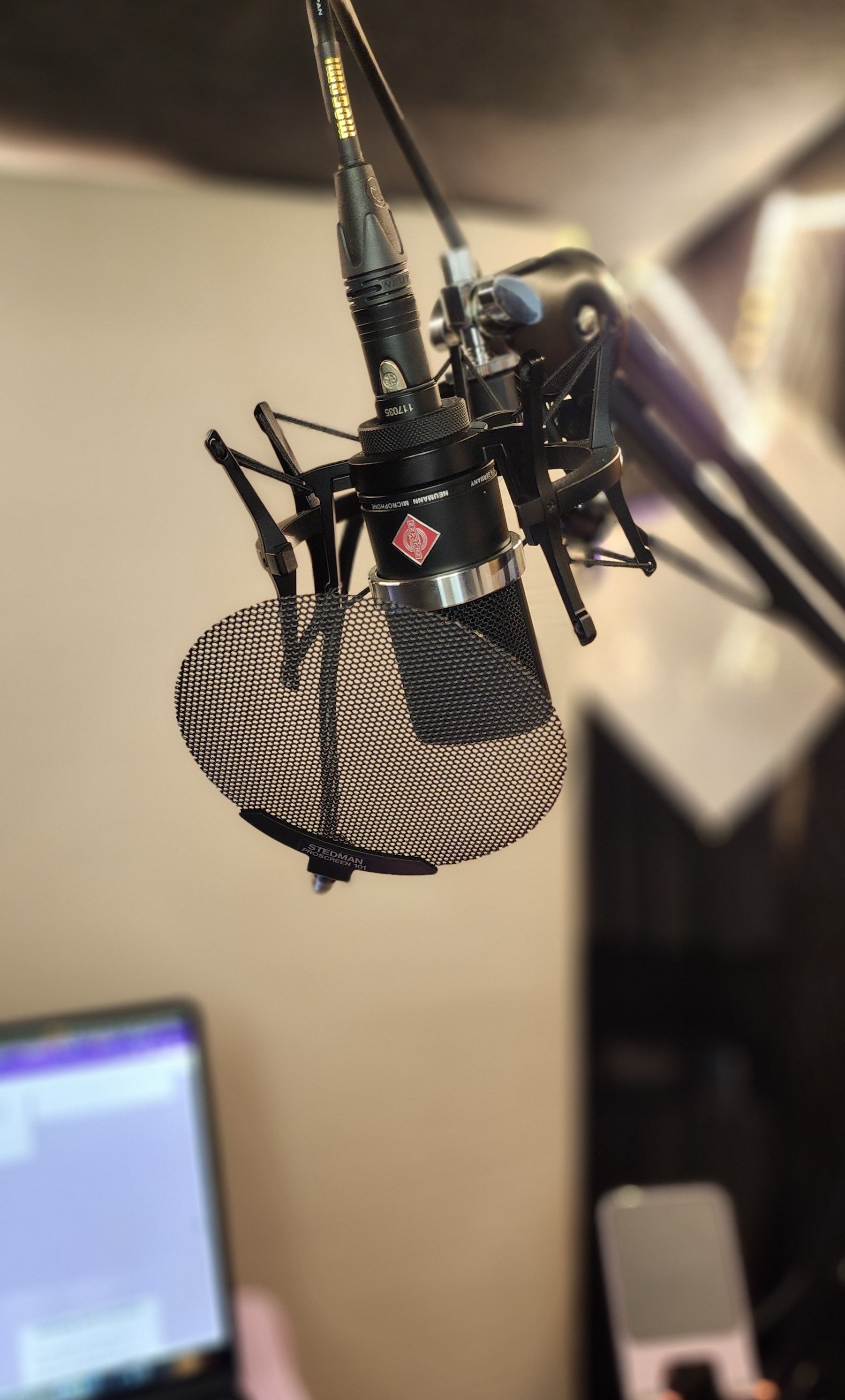 Inside the recording booth of Harlesha Taylor, showing a close up of  the Neumann TLM 102 mic set up and ready to use in your next project!
