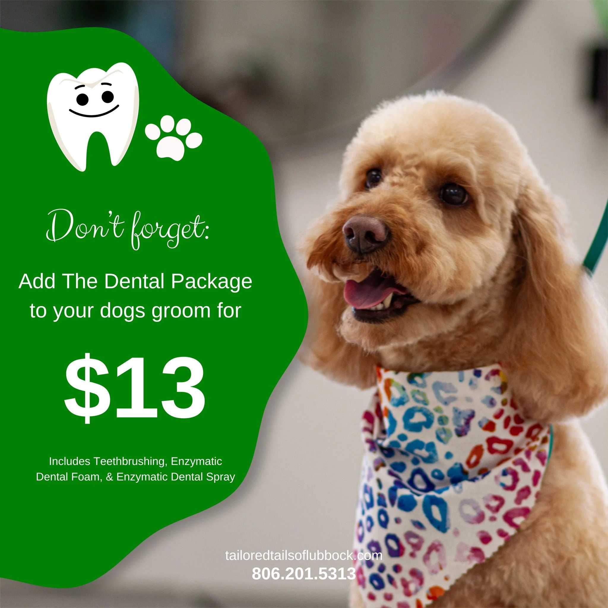 Let's talk about doggy breath... 👀🐶

If your pup's kisses are getting a little too memorable, it might be time for our Dental Package!

For only $13, we'll include:

🦷 Teeth Brushing
🦷 Enzymatic Dental Foam
🦷 Enzymatic Dental Spray

A cleaner sm
