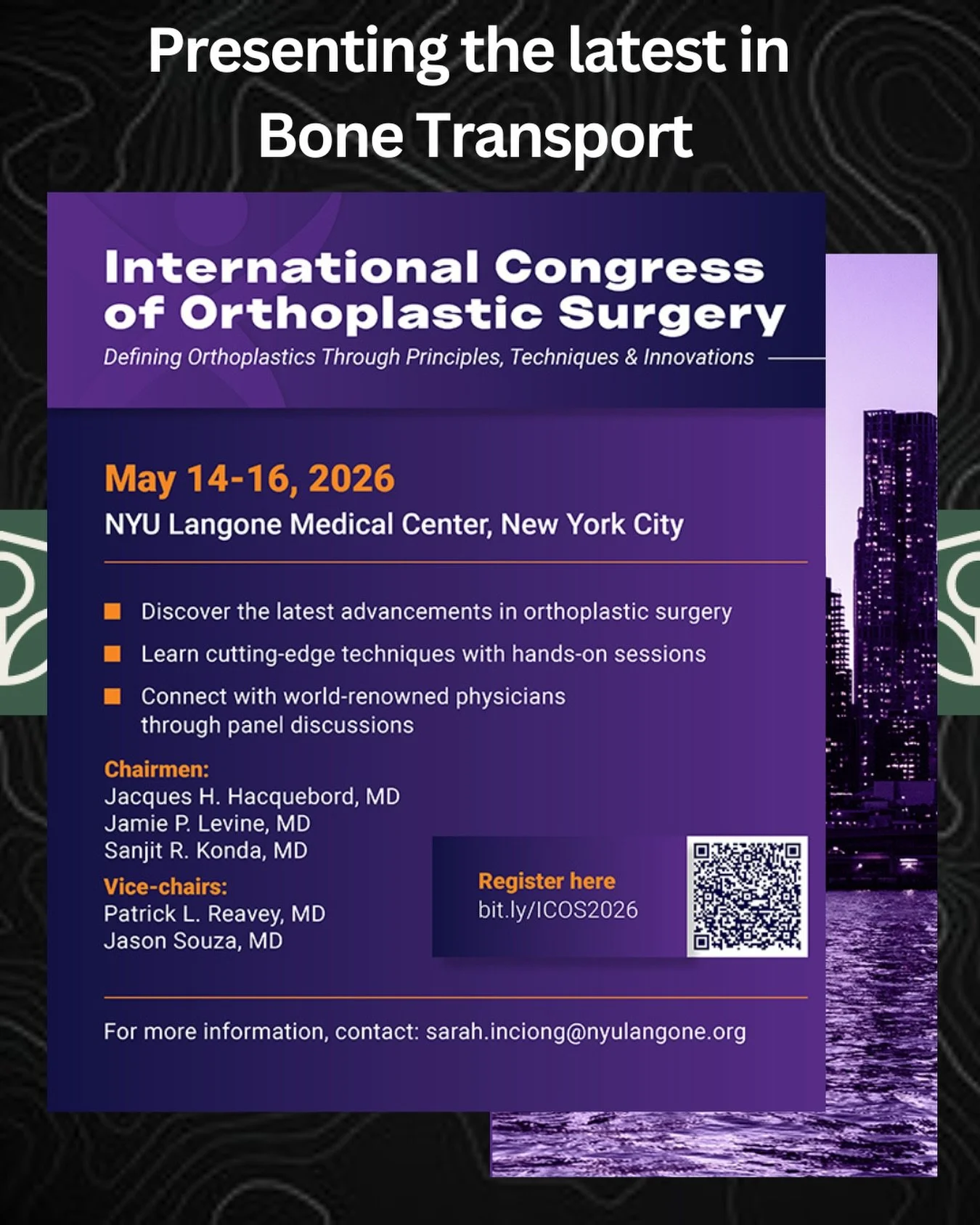 Excited to join the all-star faculty at the International Congress of Orthoplastic Surgery (ICOS) in NYC this May

Learn the latest on bone transport trasport, advanced frame techniques, and so much more

Pushing the field forward

#Orthoplastics #Bo