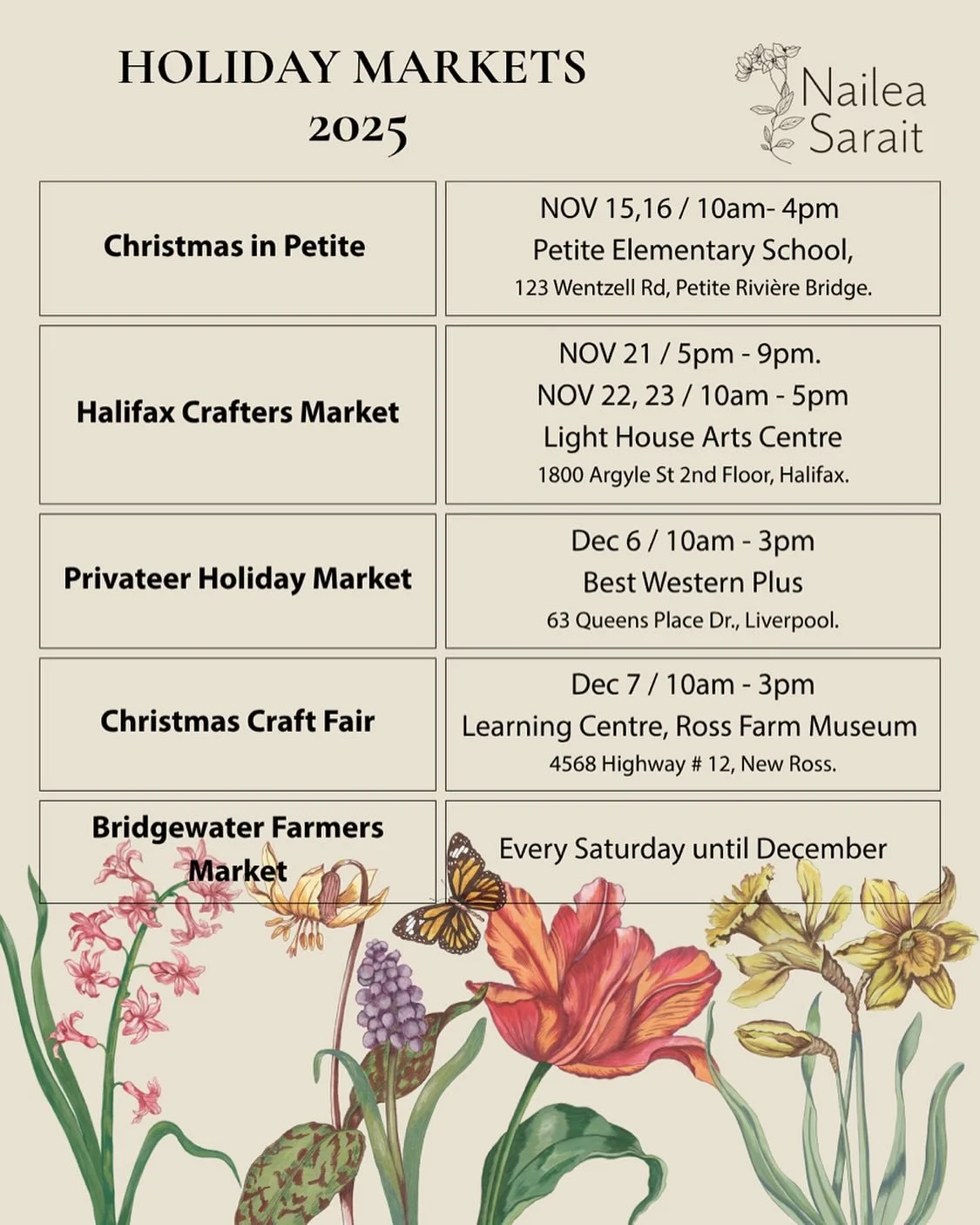 I&rsquo;m so excited to share the calendar for the upcoming Holiday Markets I&rsquo;ll be part of this season! 🌿
This is the first time this is happening for me, and I honestly can&rsquo;t believe it.
When I first arrived in Nova Scotia, I dreamed o
