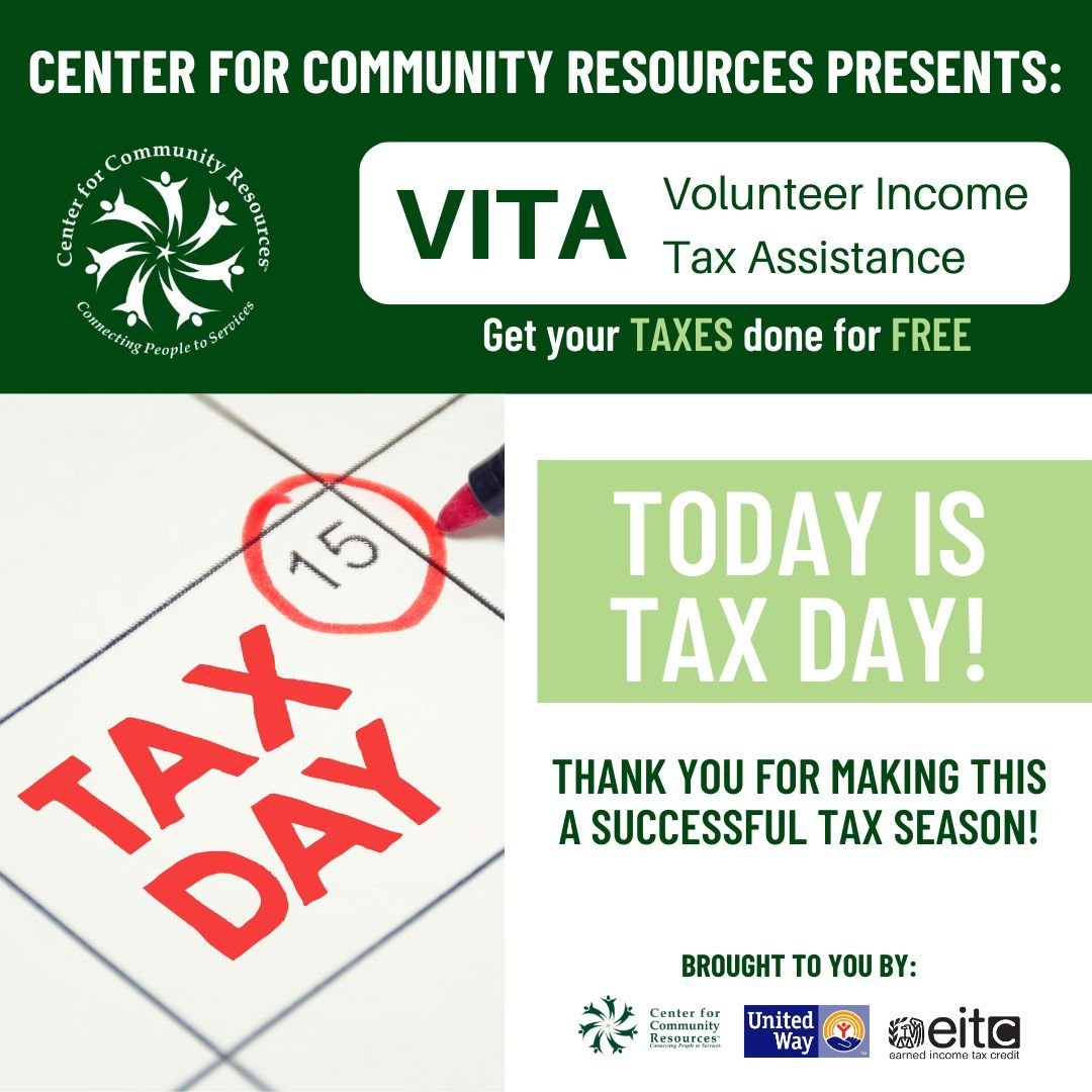 Happy Tax Day!
From all of us at Center for Community Resources and on the VITA Team, thank you for another great Tax Season; we appreciate you trusting us with your taxes. 

#ConnectingPeopleToServices #NonProfit #TaxSeason2024 #Taxes #VITA