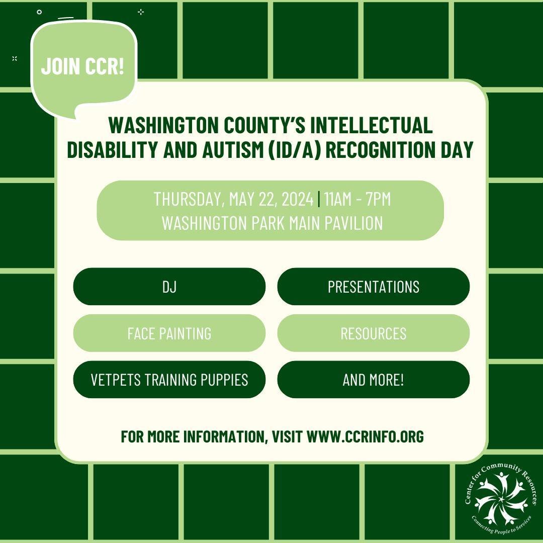 Join CCR in celebrating Washington County's Intellectual Disability and Autism (ID/A) Recognition Day on Thursday, April 25th, 2024, from 11am to 7pm at the Washington Park Main Pavilion in Washington, PA! Dive into a day packed with exciting activit