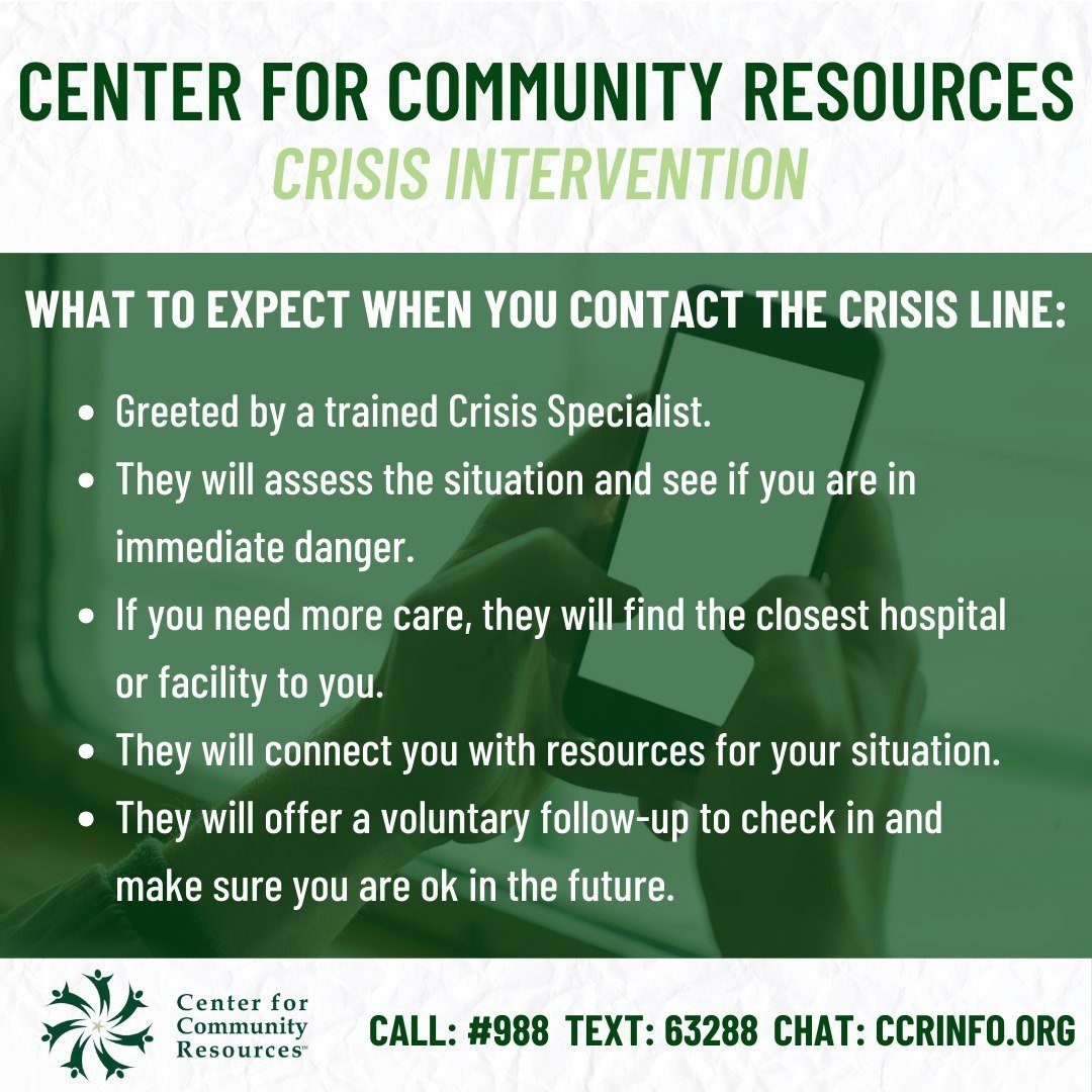 Don&rsquo;t be intimidated to ask for help! We want you to know what to expect when you reach out to Crisis for assistance. 
If you or someone you know needs help,
Call: #988
Text: #63288
Chat online: ccrinfo.org
Connecting People to Services
#Connec