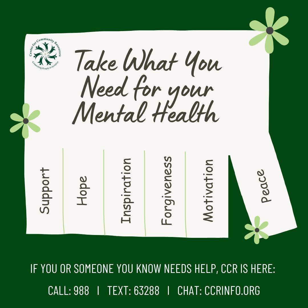 It isn&rsquo;t selfish to utilize resources that can help your mental health.

If you or someone you know needs help,
Call: 988
Text: 63288
Chat: ccrinfo.org

#ConnectingPeopleToServices #Nonprofit #Crisis #MentalHealthMonth #988
