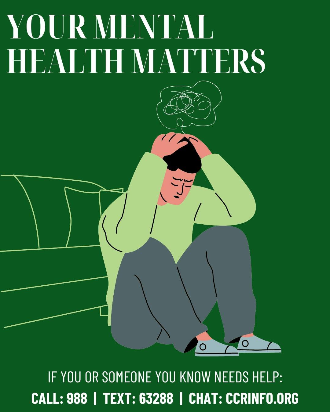 You don&rsquo;t have to go through a crisis alone. Contact us today, and let us support you through tough times.

If you or someone you know needs help,
Call: 988
Text: 63288
Chat: ccrinfo.org

#ConnectingPeopleToServices #Crisis #MentalHealthMatters