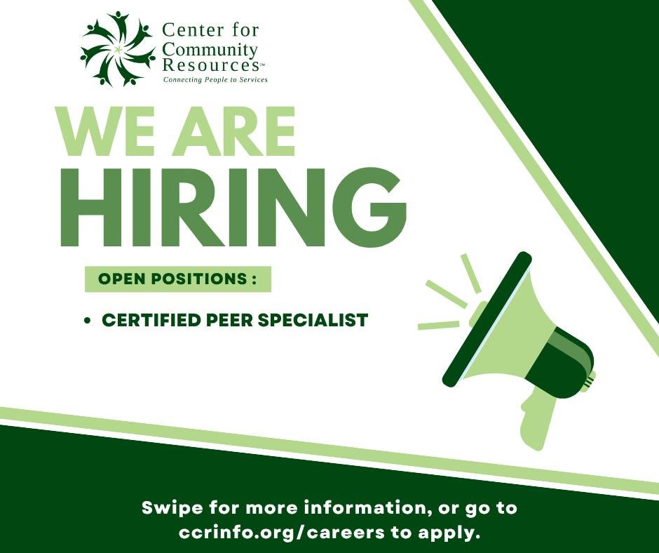 NOW HIRING!

Center for Community Resources is looking for a Certified Peer Specialist to join our Butler team! 

Visit ccrinfo.org/careers to view the full job description and to apply!

#ConnectingPeopleToServices #JoinOurTeam #NowHiring #PeerSuppo