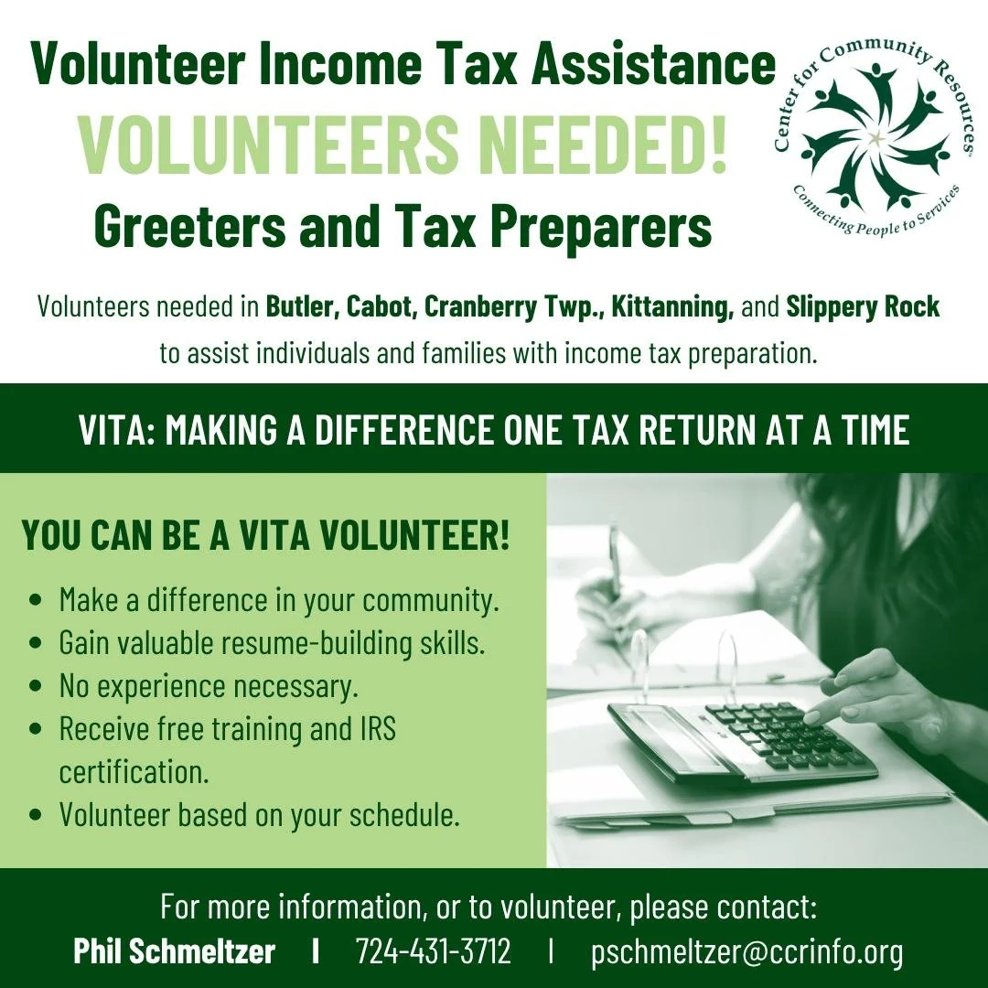 CCR Butler&rsquo;s Volunteer Income Tax Assistance (VITA) team is seeking volunteers for the upcoming tax season. CCR&rsquo;s VITA program is a free income tax preparation program available to qualifying individuals and families within Butler County.