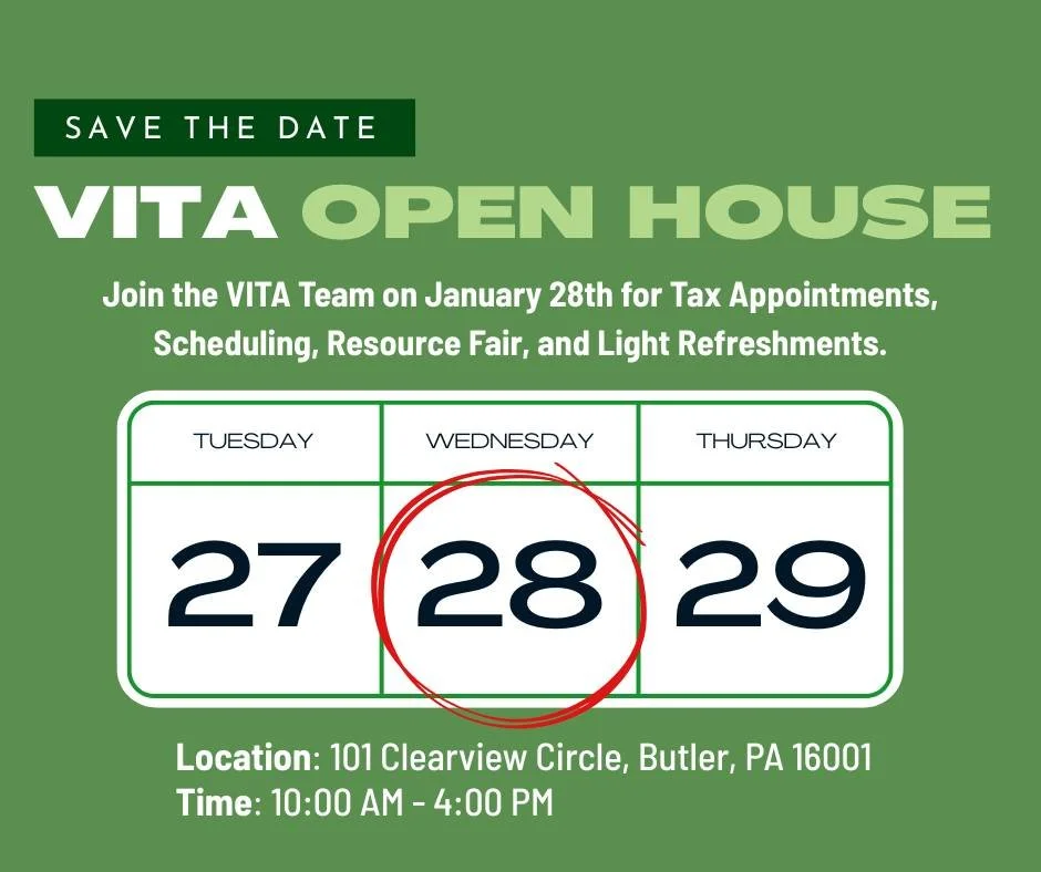 Mark your calendars for CCR's VITA Open House at the Clearview Mall in Butler! Join our VITA Team for information about VITA, to schedule tax appointments, and a local resource fair. 

For more information about VITA, visit ccrinfo.org/vita. To self-