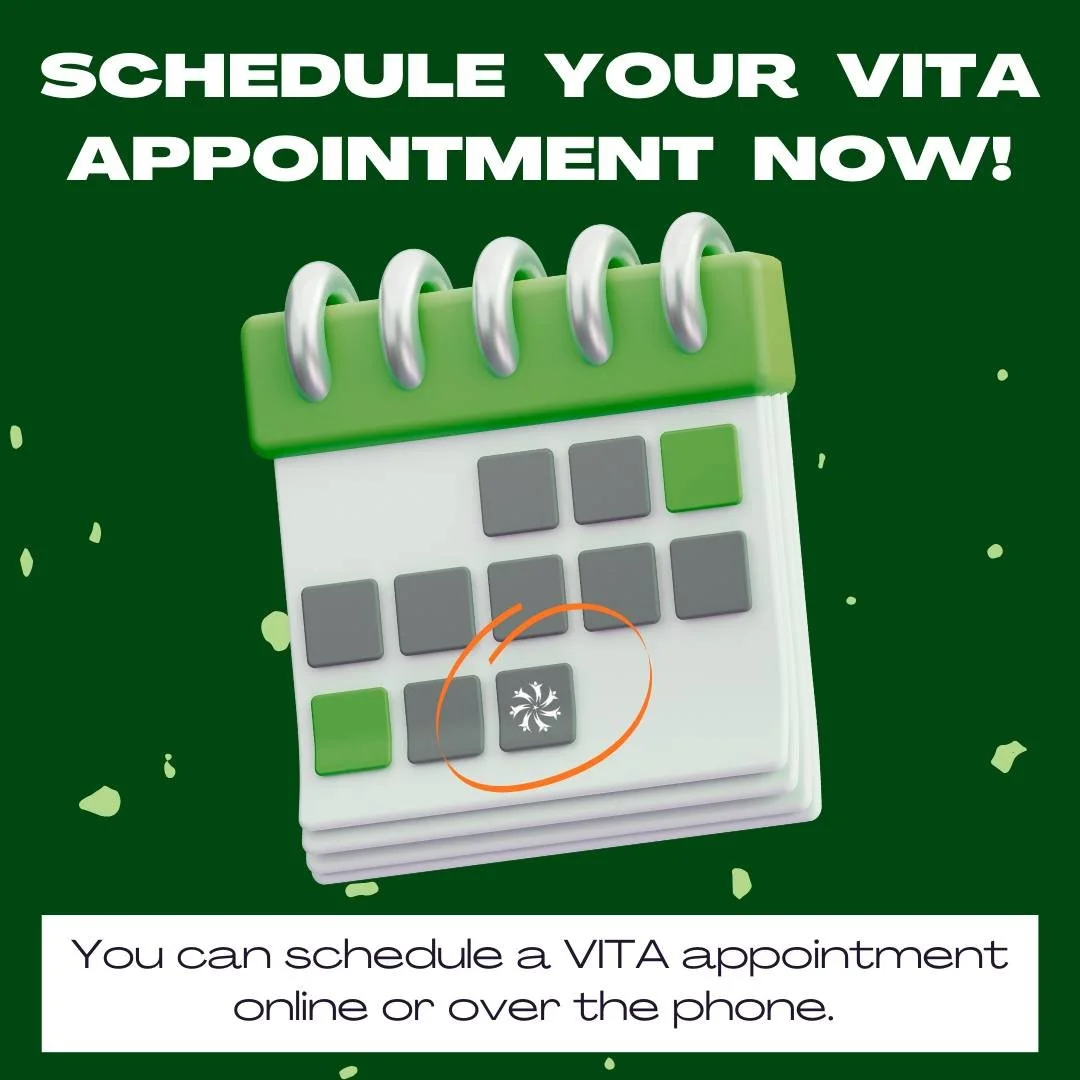 The Volunteer Income Tax Assistance (VITA) program offers free tax preparation for households earning less than $60,000 in gross annual income. Trained VITA team members meet one-on-one with individuals to ensure state and federal taxes are prepared 