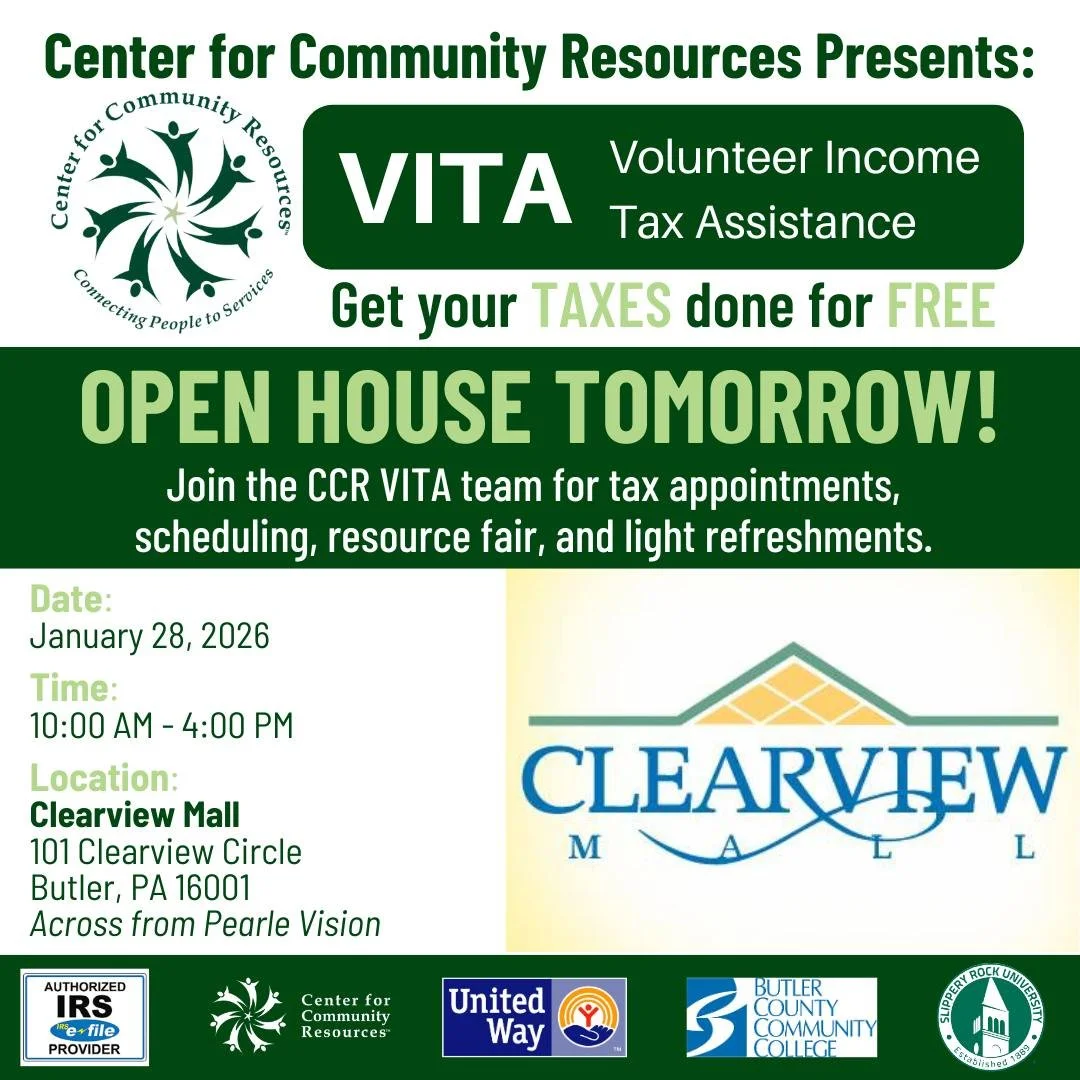 It's almost time! Join our VITA Team tomorrow at the Clearview Mall in Butler for this tax season's VITA Open House.

For more information about VITA, visit ccrinfo.org/vita. 

#ConnectingPeopleToServices #TaxSeason #VITA