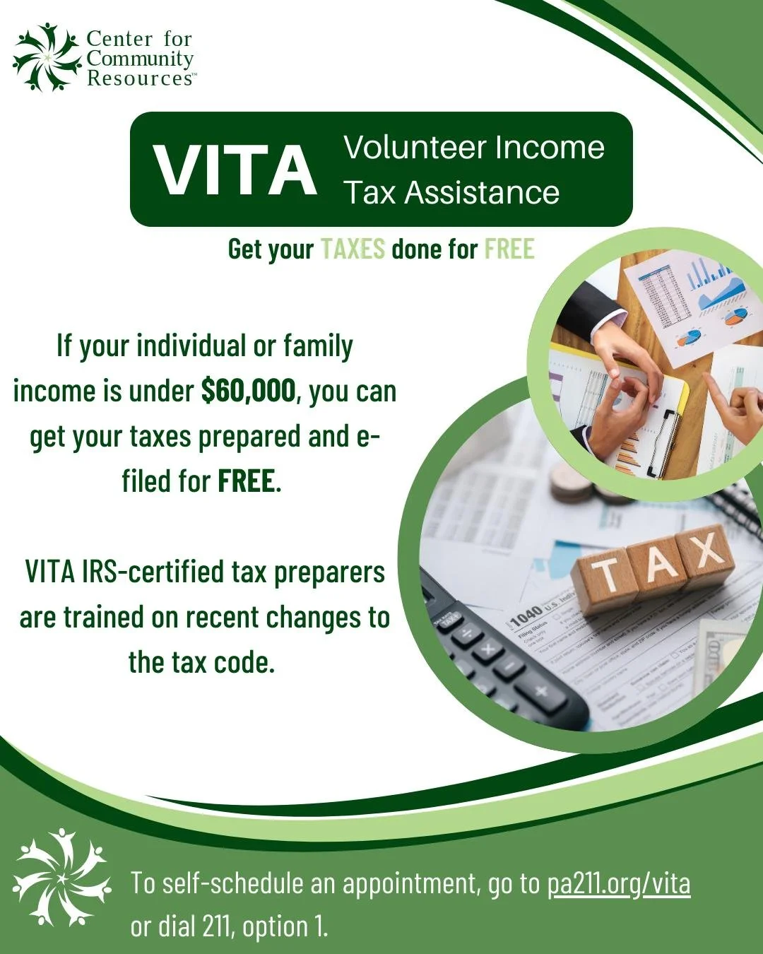 Tax season is in full swing, and Center for Community Resources is ready to help! 
If your household income is less than $60,000, and you&rsquo;re a resident of Butler County, you qualify for free tax support. Our Volunteer Income Tax Assistance (VIT
