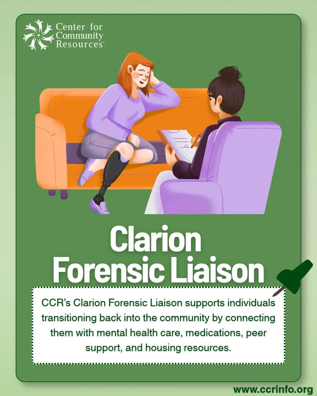 Starting over after time in a hospital, prison, or jail can come with a lot of uncertainty. 

Our Clarion Forensic Liaison program helps individuals navigate that transition by connecting them with mental health services, medications, appointments, p
