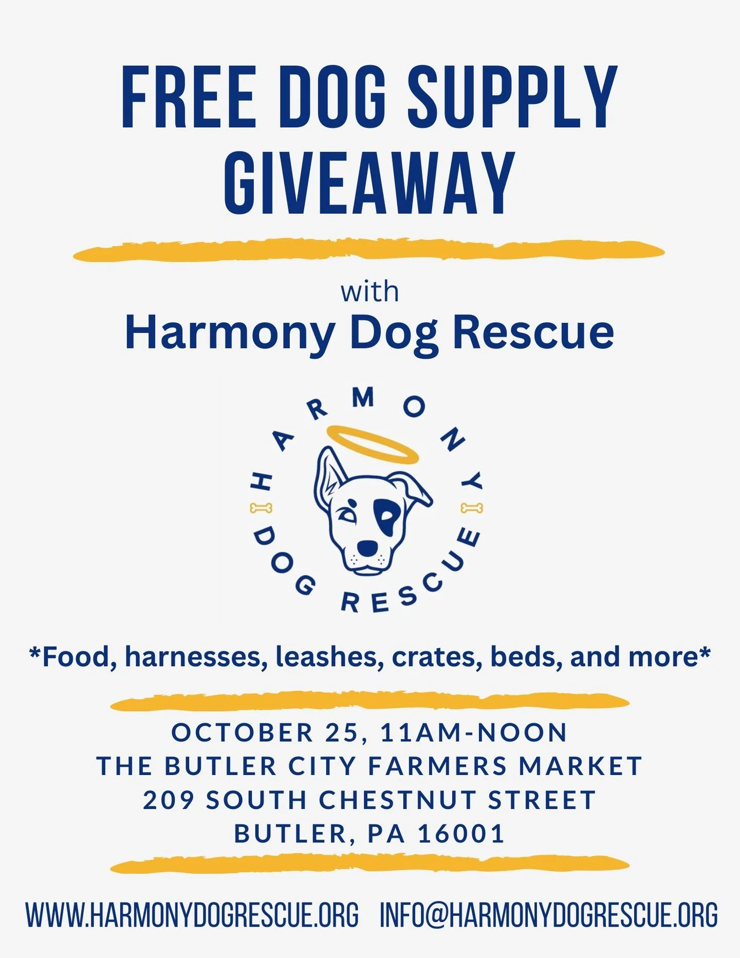 Mark your calendars! This Sunday, October 25th, there are two great opportunities to support pets and the people who love them!

💛 Harmony Dog Rescue is hosting a free dog supply giveaway from 11 AM&ndash;12 PM at the Butler City Farmers Market, wit