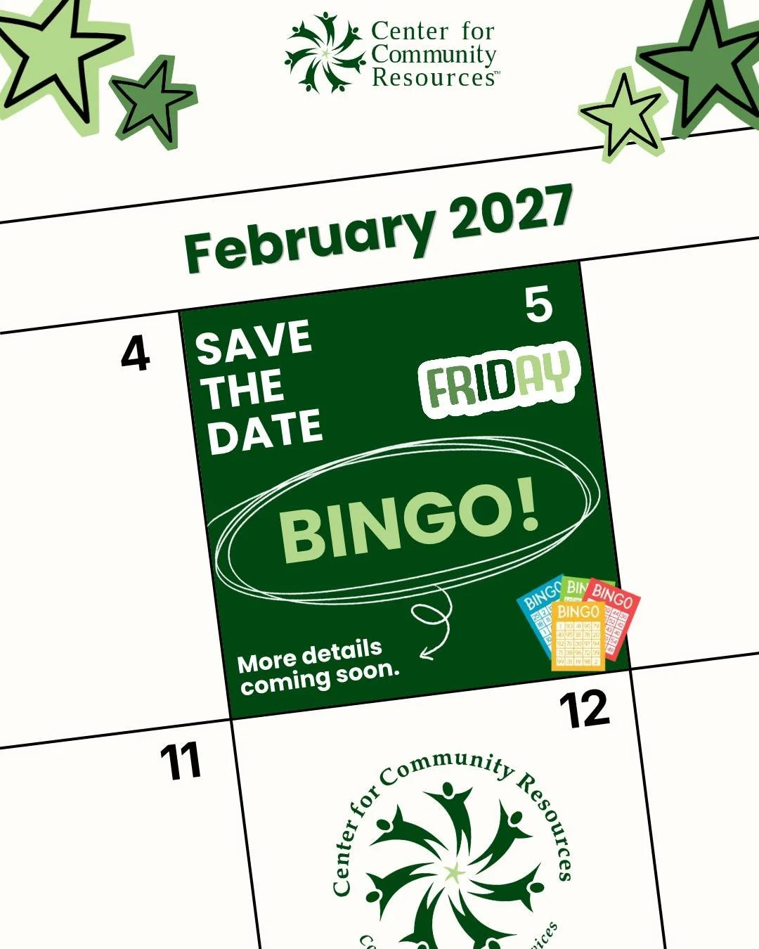 🎉 Save the date! 🎉

It&rsquo;s time to get ready for BINGO! 

Join Center for Community Resources on Friday, February 5th, 2027, at Highfield Hall in Butler, PA, for a fun-filled event you won&rsquo;t want to miss! Admission tickets will be availab