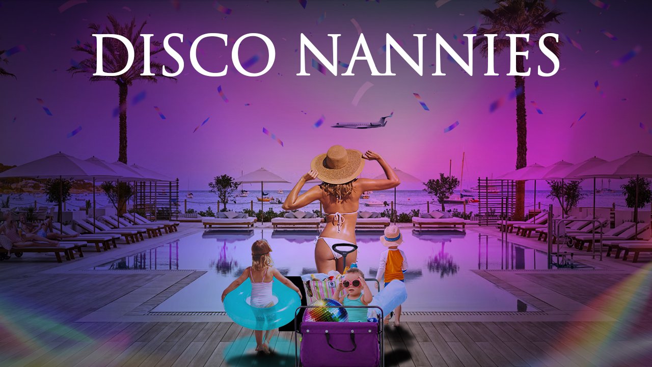 A girl wearing a straw hat and swimsuit standing by a pool with children, palm trees, and a sunset sky in the background, with the text 'Disco Nannies' at the top.
