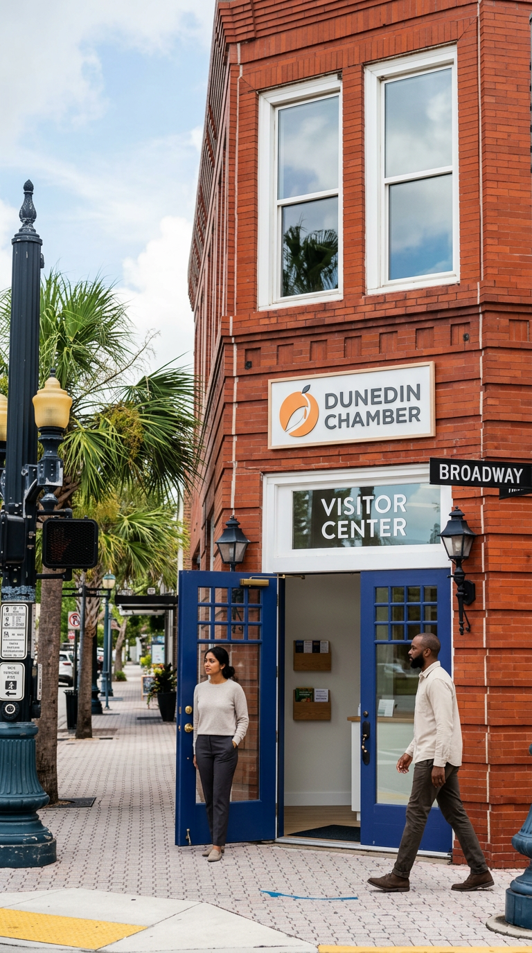 Visitors entering the brick Dunedin Chamber of Commerce building in Dunedin, FL, where Paradise Life E-Bike Tours offers exclusive local member specials.