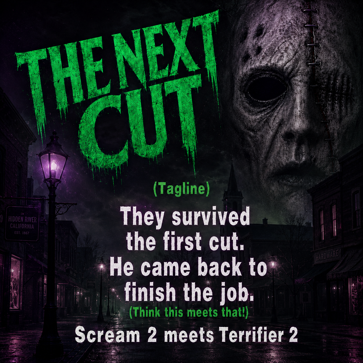 A city street scene during sunset with trees, lamp posts, and buildings in the background. Overlaid is stylized text that reads 'STAB: THE NEXT CUT' with a tagline 'STAB: The next cut is the deepest!' and additional text 'Think this meets that!' and 'Scream 2 meets Terrier 2'.