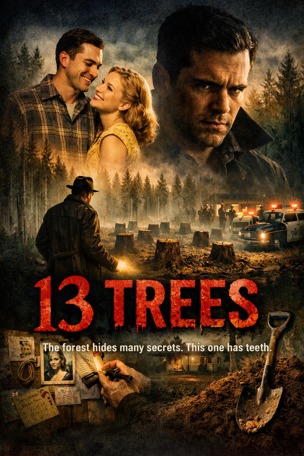 A movie poster for '13 Trees' featuring a large, serious male face and a smaller, smiling couple, a forest with tree stumps, police cars, a man with a flashlight, and a close-up of a hand holding a photograph. The poster includes the tagline: "The forest hides many secrets. This one has teeth."