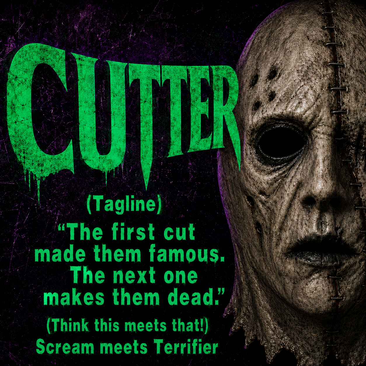 A neon sign with the word 'STAB' and a skull with green accents. Below, in green text, it says: '(Tagline) "Before the scream, there was a STAB!" (Think this meets that!) Scream meets Terrier.
