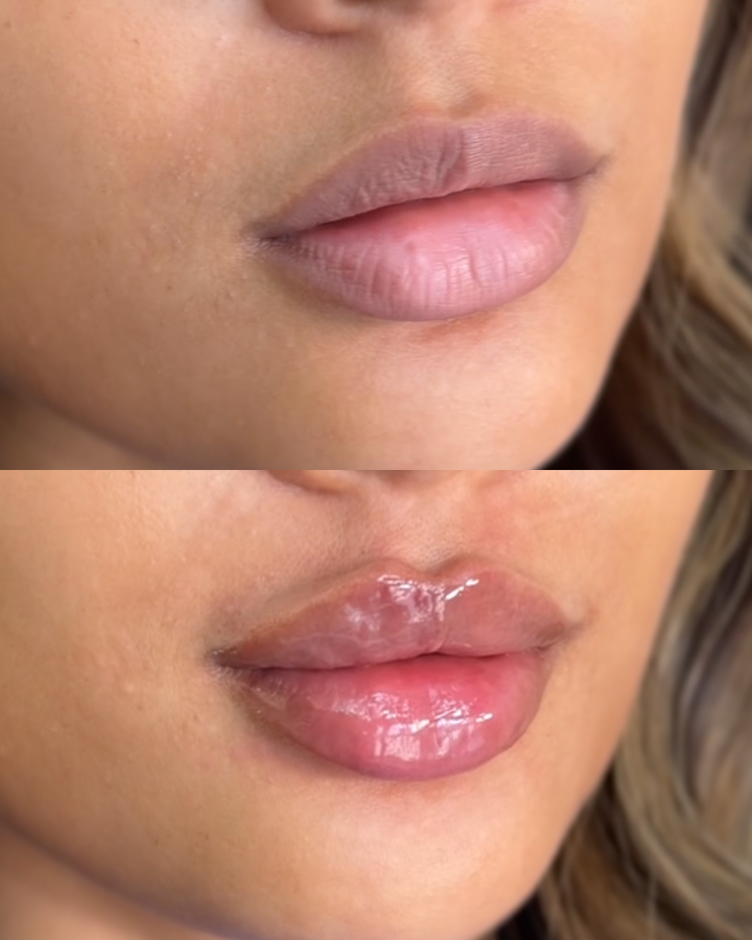 Close-up image of a woman's lips, showing two different states: one with matte lipstick and the other with glossy lipstick.