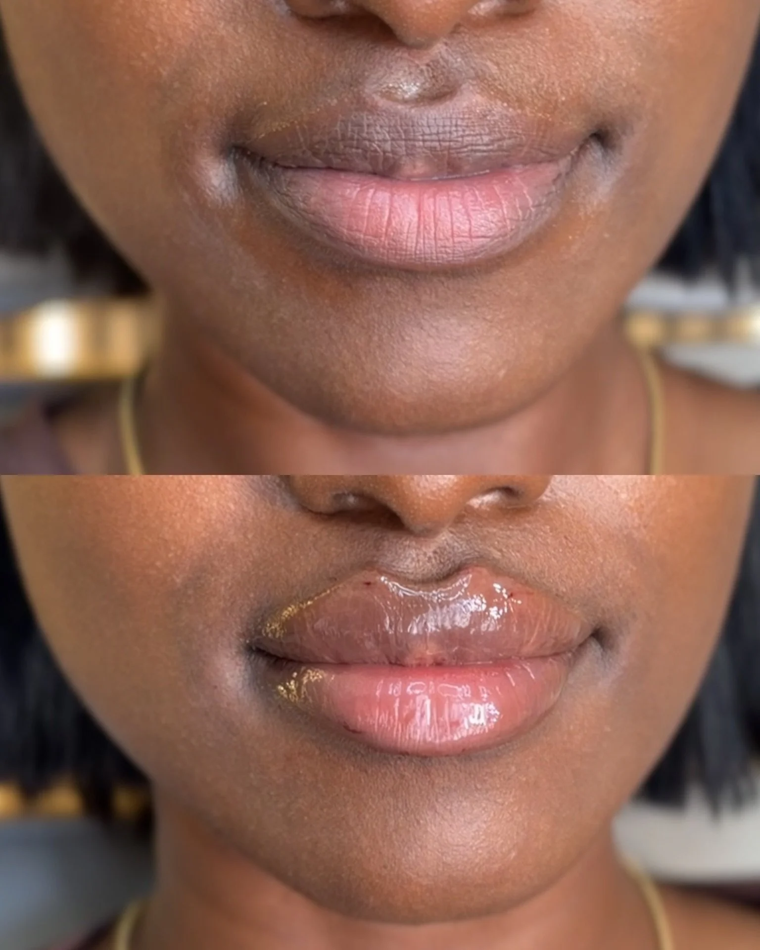 Close-up image of a person's lips with gold lip art, with some gloss applied. The person has a dark skin tone and is wearing a thin gold necklace.