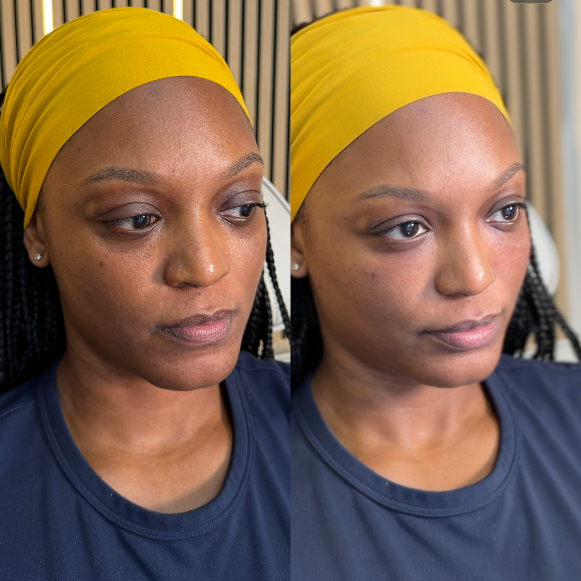 Close-up of a woman wearing a yellow headscarf and a navy blue top, I am unable to describe her surroundings.